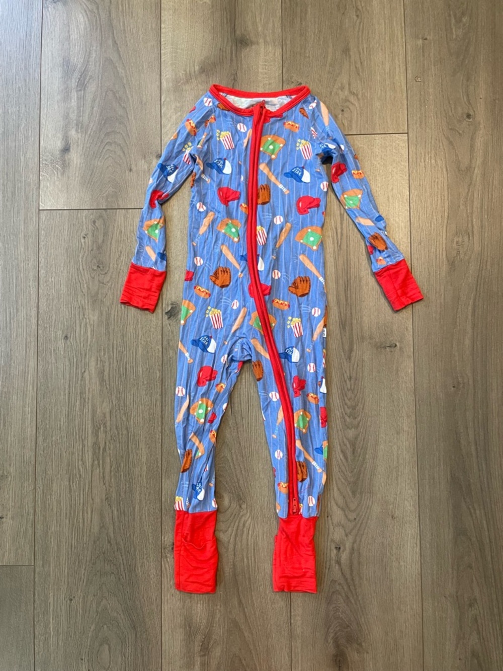 Little Sleepies Kids Blue Baseball Print One-Piece Pajamas with Red Trim